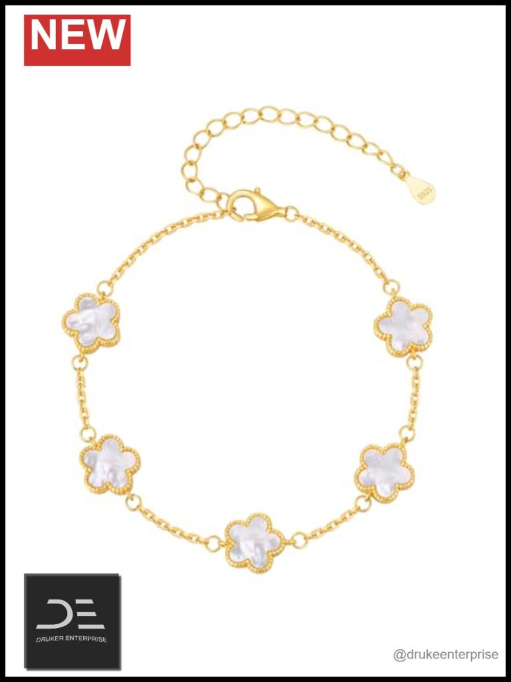 14K Gold Plated Sterling Silver Clover Charm Bracelet w/ Mother of Pearl